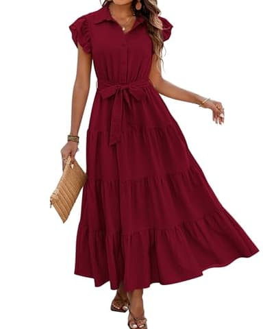 dowerme Women's Summer Casual Dresses 2025 Cap Ruffle Sleeve V Neck Button Belted Tiered Boho Maxi Dress with Pockets(Wine Red,X-Large) - Image 1
