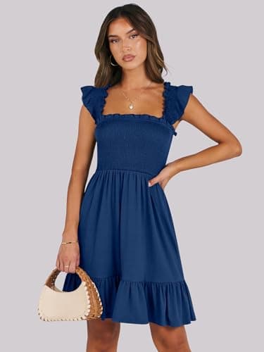 ANRABESS Women's Summer Casual Sleeveless Square Neck Dress 2025 Smocked Ruffle Backless Boho Beach Cute Teen Short Sundress Sea Blue Small - Image 2
