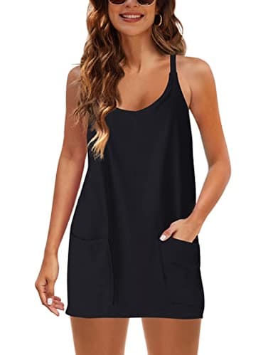 Lentta Womens Athletic Sleeveless Mini Dress with Built-in Shorts V Neck Spaghetti Strap Sundress(Black-L) - Image 3