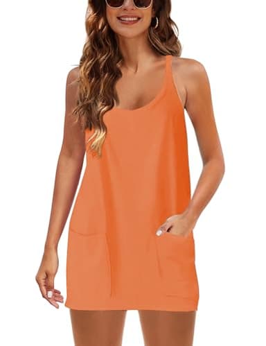 GTLIAE Summer Dress for Women 2025 Hot Shot Mini Romper Dresses Athletic Spaghetti Strap Tennis Dress Built in Shorts (Orange-L) - Image 4