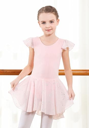 DIPUG Girls Dance Dress Ballet Leotards for Girls Toddler Ballet Outfit Shiny Skirts Ruffle Sleeve and Bow Back Pink Size Kids 4t 5t 6 S - Image 3