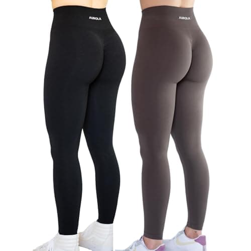 AUROLA Intensify 2 Pieces Set Workout Leggings for Women Seamless Scrunch Tights Tummy Control Pants,Set (Black+Chestnut Brown),M