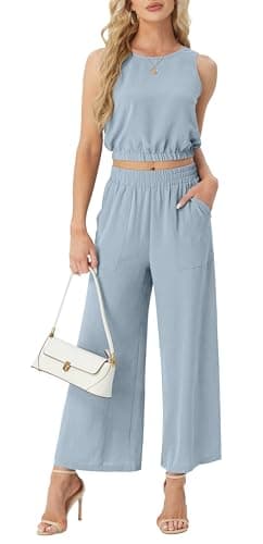 GRECERELLE 2 Piece Sets for Women Summer Sleeveless Crop Top Wide Leg Pants Resort Wear for Women 2025 Haze blue-M - Image 2