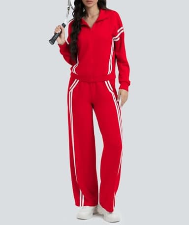 Casly Lamiit Women's Athletic Clothing Sets 2 Piece Lounge Outfits Track Sweatsuit 2-Stripes Sweatshirt Wide Leg Pants Airport Travel Activewear Red S - Image 4
