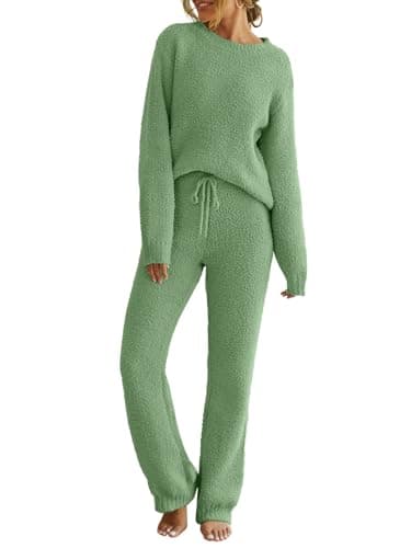 MEROKEETY Womens Pajama Sets 2025 Fall Lounge Sweater Set Cute Fuzzy Fleece 2 Piece Long Sleeve Cozy Winter Pj Outfits, SeaGrass, Large - Image 1
