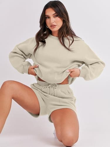 ANRABESS Women 2 Piece Outfits Sweat Shorts Sets 2025 Oversized Casual Lounge Matching Set Sweatsuit Tracksuit Fall Clothes Almond Large - Image 9