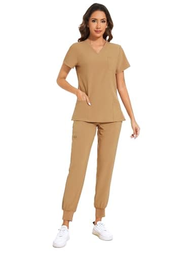 COZYFIT Scrubs for Women Set - Stretch V-Neck Scrub Top & Jogger Pant with 8 Pockets, Yoga Waistband, Anti Wrinkle, Slim Fit Women Scrubs - Khaki, XXL, Tall - Image 6