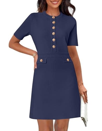 MEROKEETY Women's Knit Bodycon Sweater Dress Button Short Sleeve Crew Neck Elegant Formal Mini Dress, Navy, X-Large - Image 1
