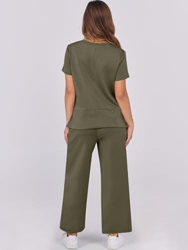 ANRABESS Women 2 Piece Lounge Sets Summer Travel Sweat Outfits Short Sleeve Wide Leg Casual Matching Tracksuits Clothes Army Green Large - Image 3
