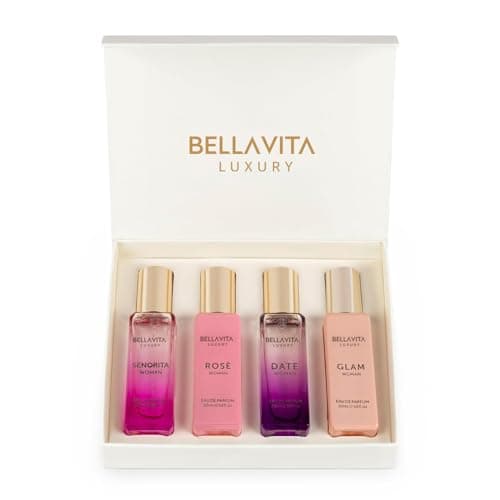 BellaVita Luxury Women's Perfume Gift Set (4x20ml) | Notes of Floral, Sweet, Spicey Red Fruit, Vanilla & Musk | DATE, SENORITA, GLAM & ROSE | French Parfum Collection Gift Set - Image 1
