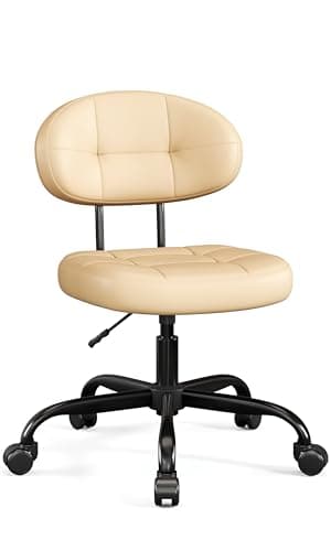Misolant Vanity Chair with Back, Small Armless Cute Office Chair with Wheels and Lumbar Support, Comfy PU Leather Desk Computer Chairs with Adjustable Height, 360° Swivel for Home Bedroom, Khaki - Image 1