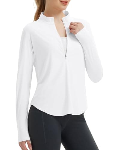 baleaf Women's Sun Shirts UPF50+ Half 1/4 Zip Shirt Rash Guard Long Sleeves SPF Lightweight Clothing UV Protection Hiking Top Ultra White L - Image 1