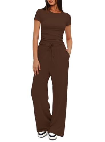 Darong Women's Two Piece Outfits Lounge Sets Ruched Short Sleeve Pullover Tops and High Waisted Pants Tracksuit Sets 9042A Coffee S - Image 1