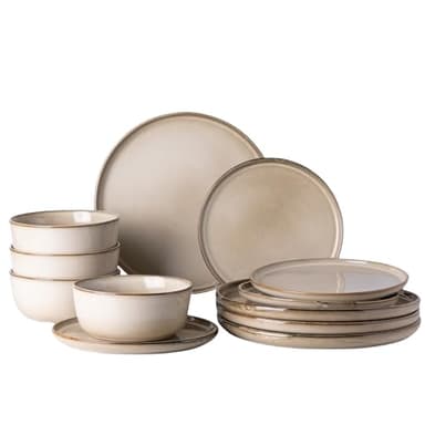 GBHOME Ceramic Dinnerware Sets for 4, 12 Pieces Stoneware Plates and Bowls Sets, Scratch Resistant Dishes, Dishwasher & Microwave Safe, Reactive Glaze-Cappuccino - Image 1