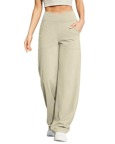G4Free Yoga Pants with Pockets for Women Wide Leg Sweatpants Cross Waist Lounge Palazzo Pajama Bottoms(Apricot,L,31")