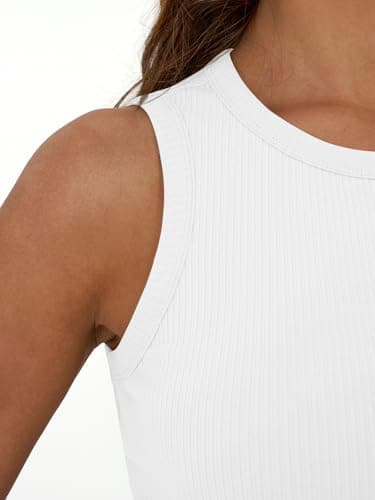 Trendy Queen White Tank Top Woman Summer 2025 Ribbed Racerback Sleeveless Workout High Neck Casual Beach Fashion Vacation Oufits Gym Clothes Going Out Slim Fitted Basic T-Shirts White M - Image 5