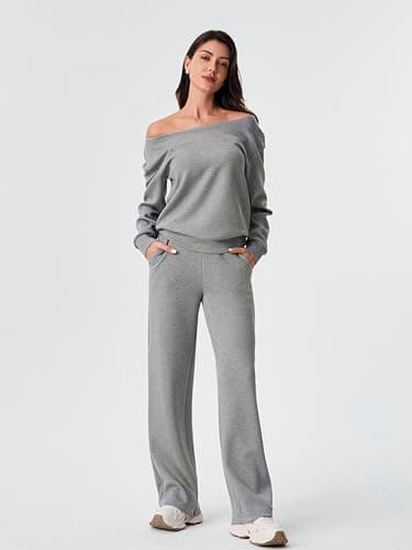AFITNE 2 Piece Outfits for Women Long Sleeve Off-Shoulder Pullover Tops Wide Leg Sweatpants Pull On Pants Sets Stretchy Trendy Tracksuits with Pockets Fashion Mathching Sweatsuits Grey L 29" - Image 6