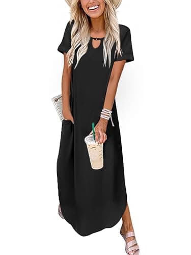 Zeagoo Long Dresses for Women Casual Summer Maxi Dress Short Sleeve Long Dress with Pockets Curve Hem Long Dress Crew Neck Black - Image 1