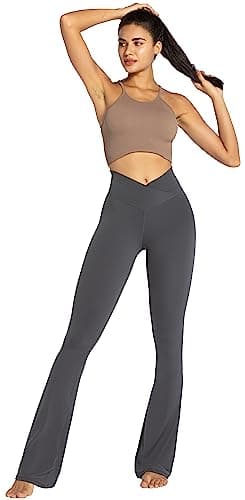 Sunzel Flare Leggings, Crossover Yoga Pants with Tummy Control, High-Waisted and Wide Leg, 32" Inseam, Dark Grey X-Large - Image 6