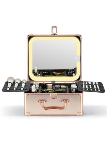 Qislee Makeup Box with A Detachable Lighted Mirror, Waterproof Travel Train Case, Cosmetic Organizer and Makeup Suitcase with Adjustable Dividers, Magnetic LED Mirror(Rose Gold) - Image 1