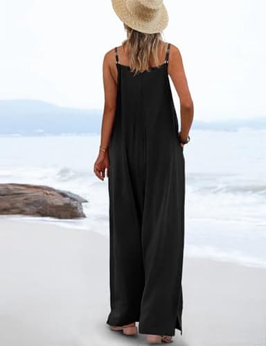 YESNO Women's Summer Boho Casual Jumpsuits Wide Leg Overalls Floral Print Baggy Rompers with Pocket S PZZCR Solid Black - Image 3