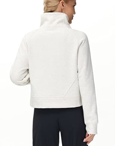 THE GYM PEOPLE Women's Half Zip Pullover Sweatshirt Fleece Stand Collar Crop Sweatshirt with Pockets Thumb Hole Off-white - Image 2
