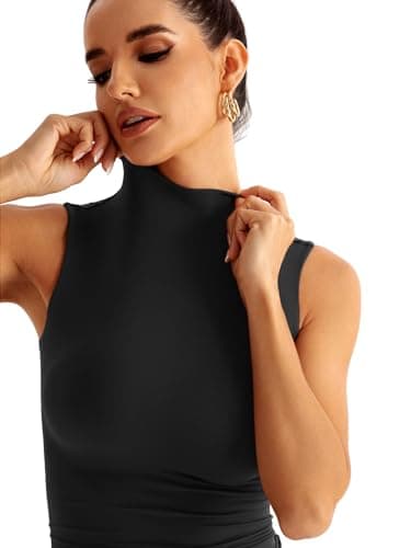 EasyGala Women Sleeveless Mock Turtle Neck Tops Double Lined Fitted Tank Tops Basic T Shirts Business Going Out Tops Summer Clothes 2025 Black Medium - Image 2