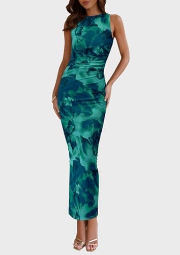 PRETTYGARDEN Wedding Guest Dresses for Women 2025 Summer Spring Floral Bodycon Sleeveless Mesh Maxi Long Dress(Lake Blue Floral,Medium) - Image 3