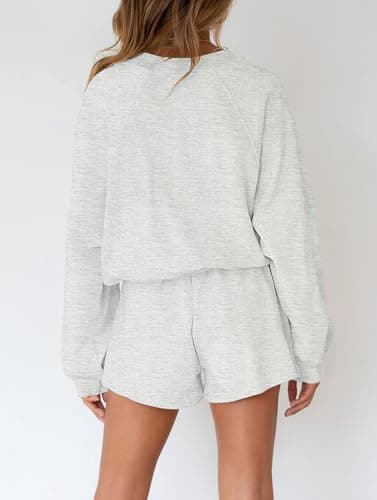 MEROKEETY Women's 2025 Fall Oversized Batwing Sleeve Lounge Sets Casual Top and Shorts 2 Piece Outfits Sweatsuit Light Grey - Image 4