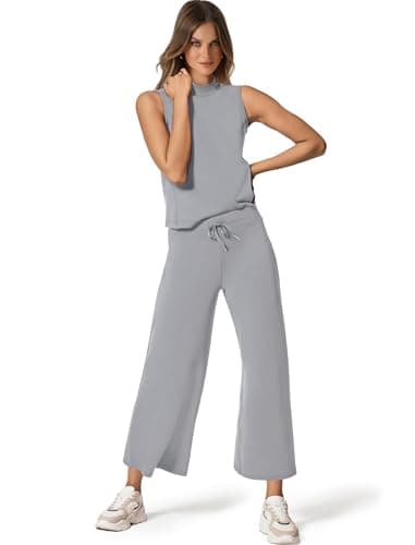 SAMPEEL Two Piece Set for Women Summer Outfits Vacation Trendy Lounge Sets Mock Neck Matching Sets Women Clothing Wide Leg Crop Pants Set - Image 2