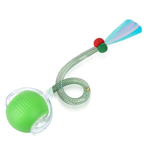 PLITTPETTS Interactive Cat Toys Ball for Indoor Cats, Automatic Moving Ball Toy with Elastic Mesh Tail, Green+White