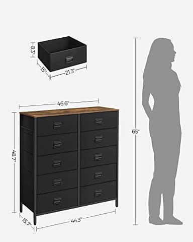 SONGMICS Dresser for Bedroom, Fabric Dresser with 10 Drawers, Storage Organizer Unit with Fabric Drawers, Chest of Drawers, Steel Frame, for Living Room, Entryway, Rustic Brown and Black ULTS225B01 - Image 3