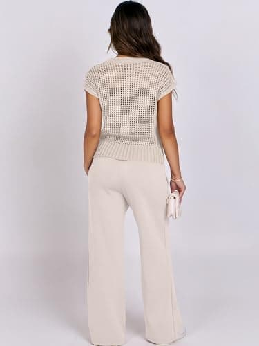 ANRABESS Women Two Piece Outfits Crochet Sheer Knit Sweater Top Wide Leg Pants Lounge Matching Sets Sweatsuit Travel Clothes Aprioct Medium - Image 3