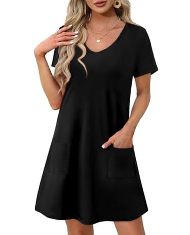 OFEEFAN Vestidos de Verano para Mujer Loose V Neck Summer Dresses T Shirts Casual Dress Sundresses Swing Coverup Beach Vacation Essentials Fashion A Black M - Image 2