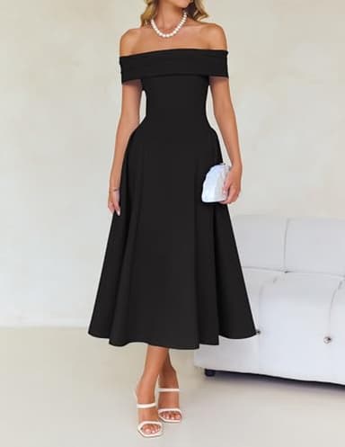 ZESICA Cocktail Dresses for Women's Elegant Off Shoulder Short Sleeve Swing A Line Wedding Evening Party Midi Dress,Black,X-Large - Image 8