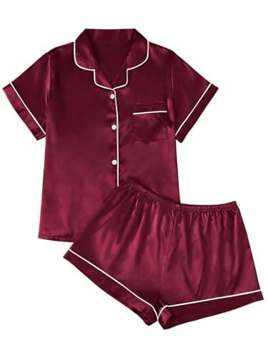 LILLUSORY Silk Satin Pajama Set for Women 2 Piece Lounge Pjs Shorts Matching Summer Sleepwear Button Down Shirt Shorts Burgundy XS - Image 1