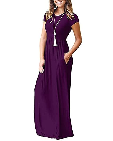 AUSELILY Women's Short Sleeve Loose Plain Casual Long Maxi Dresses for Women 2025 Purple L - Image 3