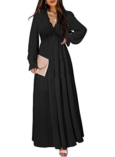 BLENCOT Women's Casual Boho Solid Color Deep V Neck Loose Long Sleeve Long Evening Dress Ruched Cocktail Party Maxi Wedding Dress Black X-Large - Image 1