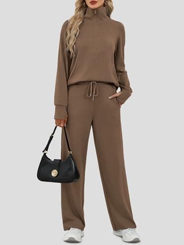 Casly Lamiit 2 Piece Outfits for Women 2025 Trendy Long Sleeve Top Wide Leg Sweatpants Fall Loung Sets Travel Clothes Athletic Suit Brown L - Image 4