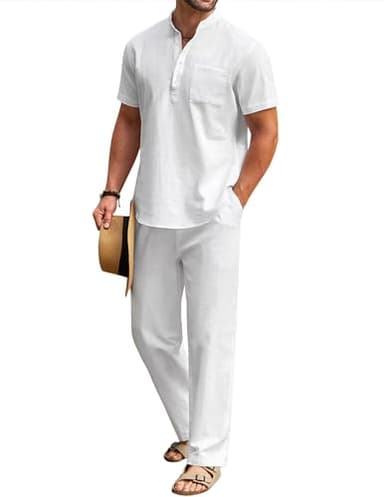 COOFANDY Men's 2 Pieces Cotton Linen Set White Henley Shirt Short Sleeve and Casual Beach Pants Summer Yoga Outfits - Image 1