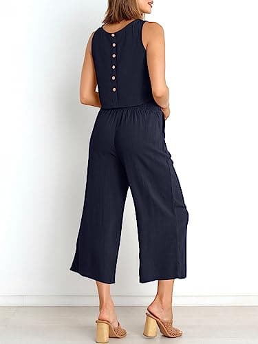 ANRABESS Women's Summer 2 Piece Outfits Sleeveless Crop Top Capri Wide Leg Pants Jumpsuit Casual Linen Lounge Matching Sets Beach Travel 2025 Trendy Clothes Navy Blue Large - Image 2
