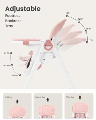 Babilous Foldable High Chair with Soft Cushion, High Chairs for Babies and Toddlers, Height Adjustable Feeding Chair, Adjustable Backrest and Footrest, Lockable Wheels, Star Pink - Image 4