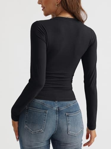 Trendy Queen Long Sleeve Shirts for Women 2025 Early Fall Fashion Crop Tops for Women V Neck Casual Basics Slim Fitted Y2K Cute Dress Tops Outfits Clothes Blouses Black S - Image 3