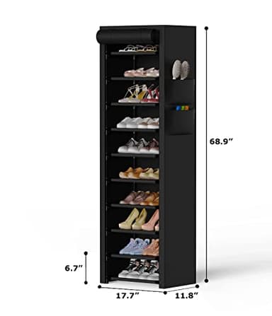 VTRIN Vertical Narrow Shoe Rack Organizer 10 Tier Tall Shoe Shelf Holds 20-22 Pairs with Non-Woven Dustproof Cover for Closet, Entryway Black - Image 3