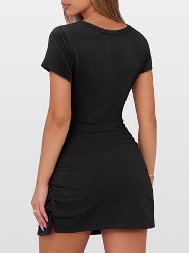 Caracilia Women Summer Short Sleeve Square Neck Bodycon Tie Cinched Waist Romper Mini Dress Athletic Night Out Vacation Dress Black Large - Image 4