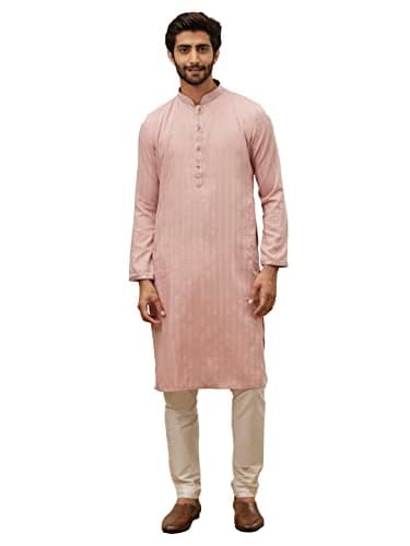 Manyavar Men Kurta Set, Full Sleeves Mandarin Collar Ethnic Kurta Pyjama Set Art Silk All Over Self Design Set 2XL CORAL - Image 1