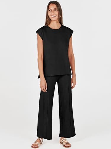 ANRABESS Women 2 Piece Lounge Sets Summer Casual Knit Sweater Vest Pant Set Beach Vacation Airport Clothes 2025 Fall Outfits Black Medium - Image 3