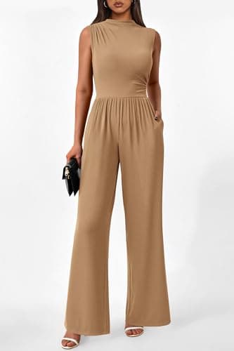 PRETTYGARDEN Womens Summer Jumpsuits Dressy Casual One Piece Outfits Sleeveless Mock Neck Wide Leg Pants Rompers with Pockets (Style2-Camel,Medium) - Image 5