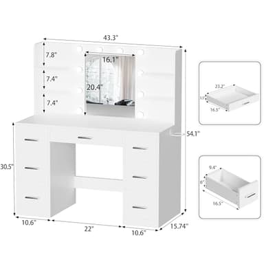 YESHOMY Vanity Desk with Mirror, Power Outlet and 10 Lights, Makeup Table with 7 Drawers, 3 Color Modes Available for Bedroom, Pure White - Image 7