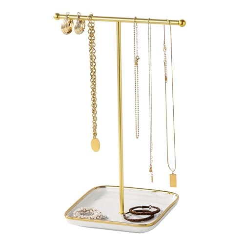 Leijosya modern T-shaped jewelry rack, jewelry tower, gold metal, square ceramic base decoration display tower, necklace, bracelet, ring storage rack (1Tiers) - Image 1